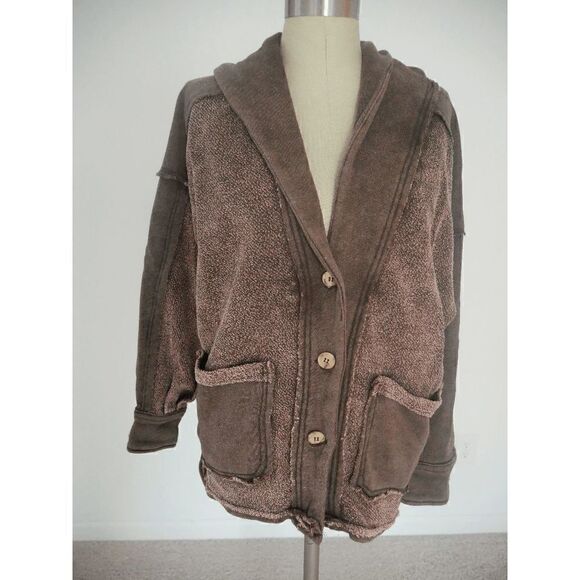 Brown French Terry V-Neck Button-Up Hi-Low Pocket Jacket - Picture 2 of 12